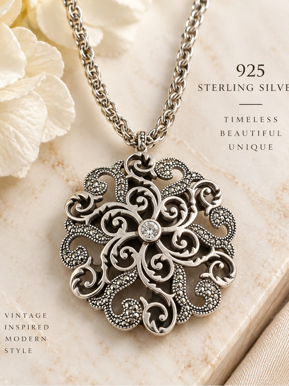 925 Sterling Silver Marcasite Scroll Medallion Pendant Necklace